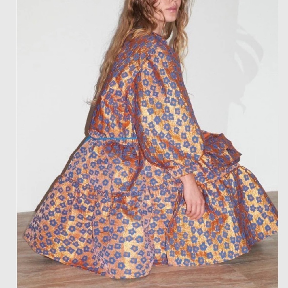 KkCo Koi Pond Utility Wrap Dress Asian Floral Flare Bubble Puff Sleeve - Picture 6 of 10